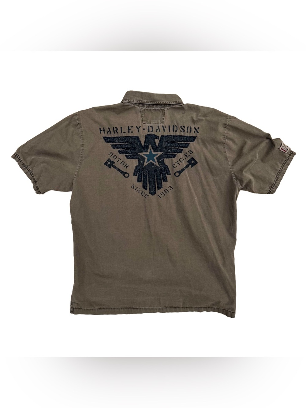 Harley-Davidson Military Embroidered Short Sleeve Woven Work Shirt Men Sz XL